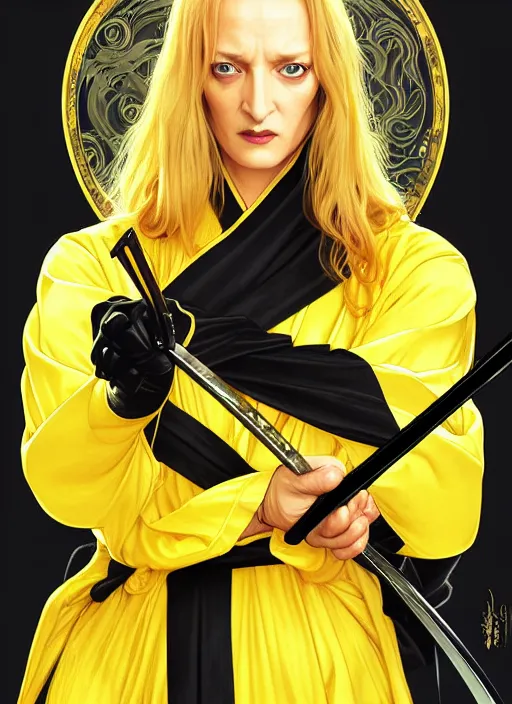 Prompt: uma thurman in kill bill, sword warrior, rococo and art nouveau fusion, swinging reflective katana, yellow jumpsuit with black stripe, highly detailed, deep focus, elegant, digital painting, smooth, sharp focus, illustration, ultra realistic, japanese art by artgerm and alphonse mucha