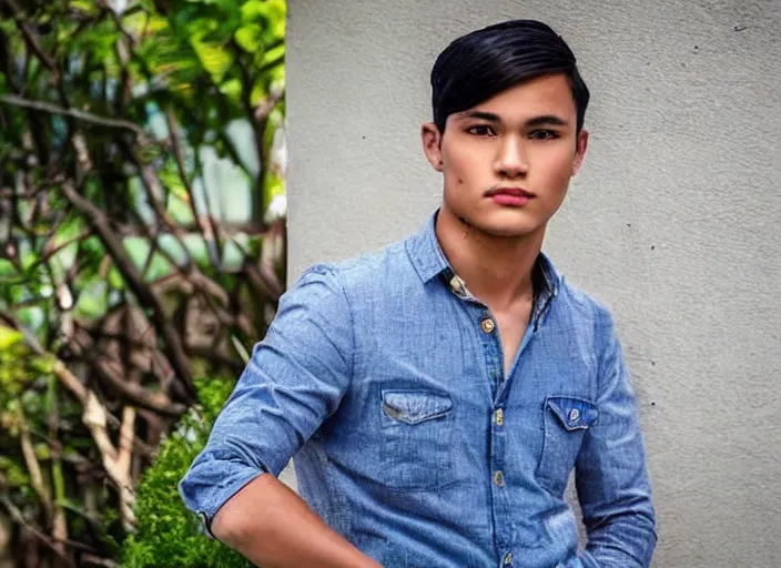 Image similar to outdoor medium close shot of a very very very very extremely handsome!!! good looking young man in 2 0 2 2 with the face of jose rizal!!! wearing stylish modern clothes photo taken in 2 0 2 2, 3 5 mm f 1. 4 digital color photography