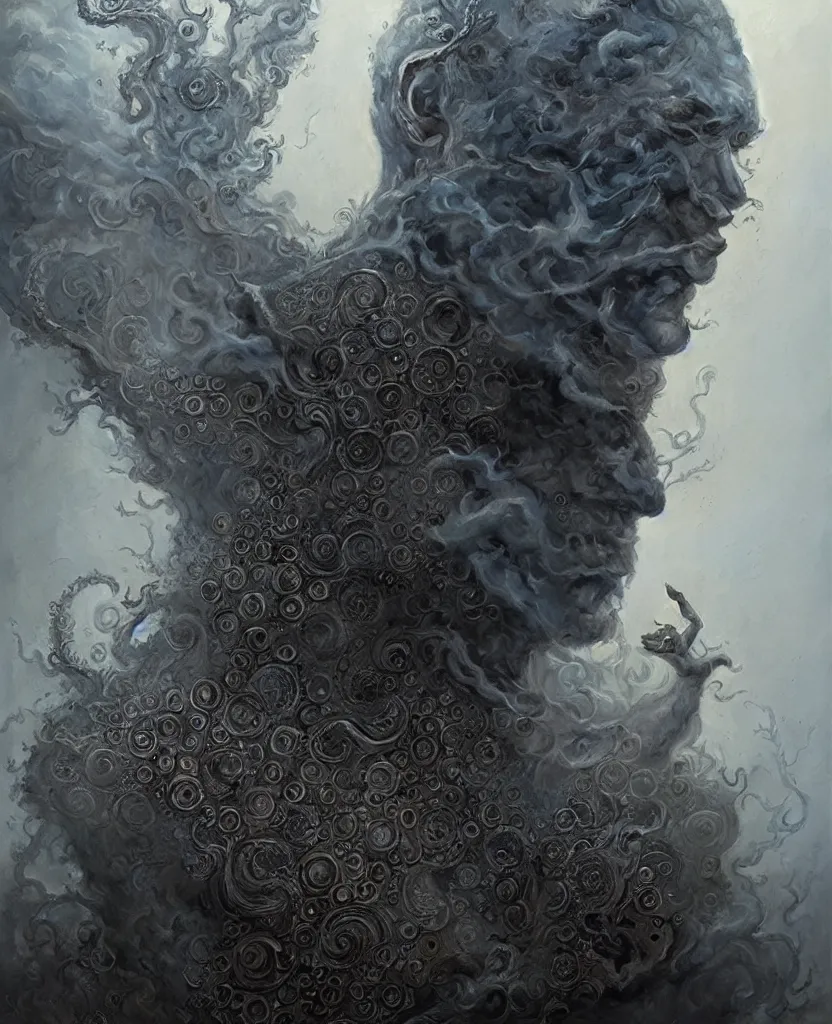 Image similar to the sandman, very detailed, 8k, maximized, ornate, masterpiece, complex, by Greg rutkowski, Alex Gray, surrounded by smoke