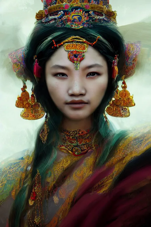 Prompt: Tibetan princess, gorgeous, close-up portrait, intricate, elegant, volumetric lighting, scenery, digital painting, highly detailed, artstation, sharp focus, illustration, concept art, ruan jia, steve mccurry