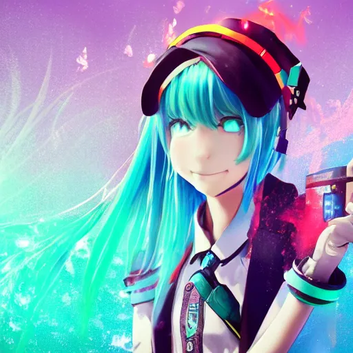 Image similar to hatsune miku smoking weed with a vape pen, smoke coming out of her mouth, bloodshot eyes, artstation, 4 k