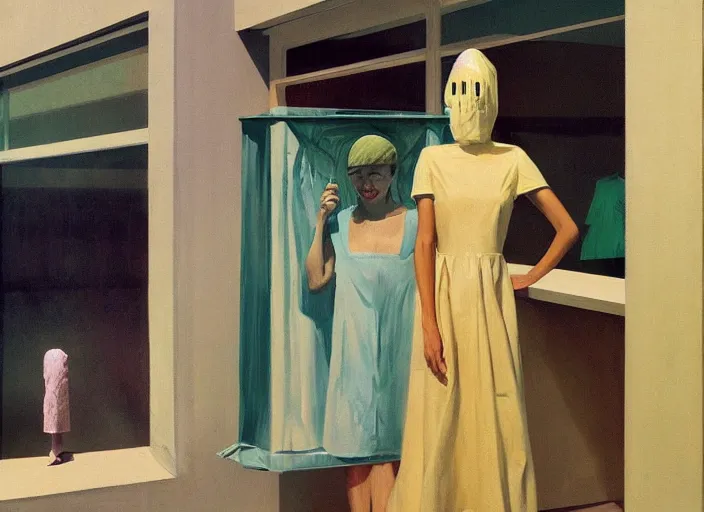 Image similar to woman in a translucent dress made from plastic bag holding ice cream with paper bags for clothes standing inside paper bags with paper bag over the head at store display Edward Hopper and James Gilleard, Zdzislaw Beksinski, highly detailed