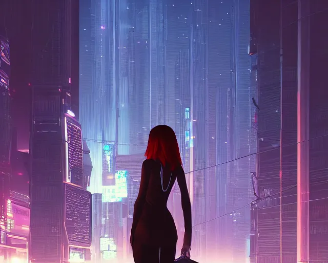 Image similar to a woman standing in front of a city at night, cyberpunk art by ilya kuvshinov, cgsociety, retrofuturism, ilya kuvshinov, artstation hd, artstation hq