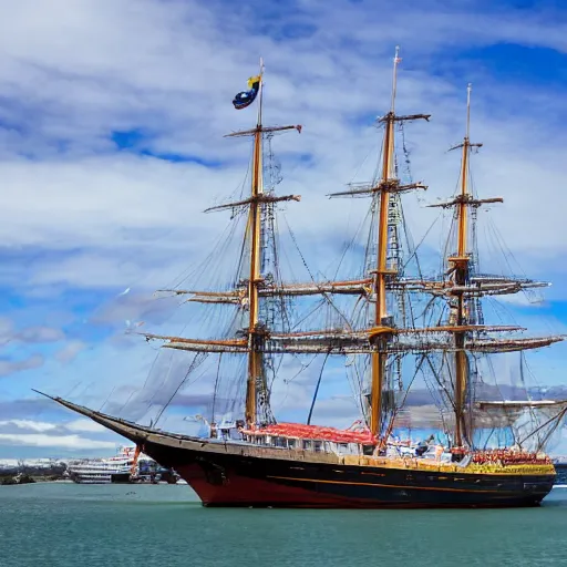 Image similar to fantasy ship sailing through Auckland Harbor