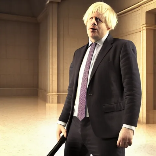 Image similar to Boris Johnson with Janitors body, realistic artstyle, wide shot, dramatic lighting, octane render, hyperrealistic, high quality, highly detailed, HD, beautiful, cinematic, 8k, unreal engine, facial accuracy, symmetrical