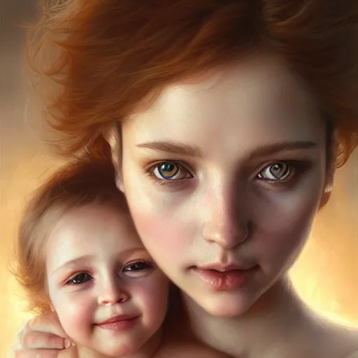 Image similar to pure love is patient love is kind, mother and child ; photorealistic oil painting by charlie bowater and mark brooks ; highly detailed cute faces by wlop ; trending on artstation ; 8 k high resolution, symmetrical, cinematic, high coherence, golden ratio, rule of thirds, perfectly centered ; anatomically correct faces