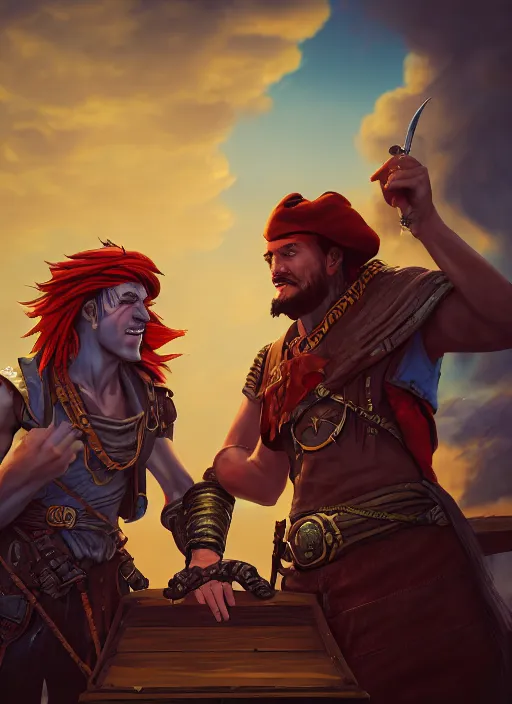 Image similar to an epic fantasy comic book style portrait painting of two bumbling idiot sky - pirates on the deck of a skyship looking at a chest, unreal 5, daz, hyperrealistic, octane render, cosplay, rpg portrait, dynamic lighting