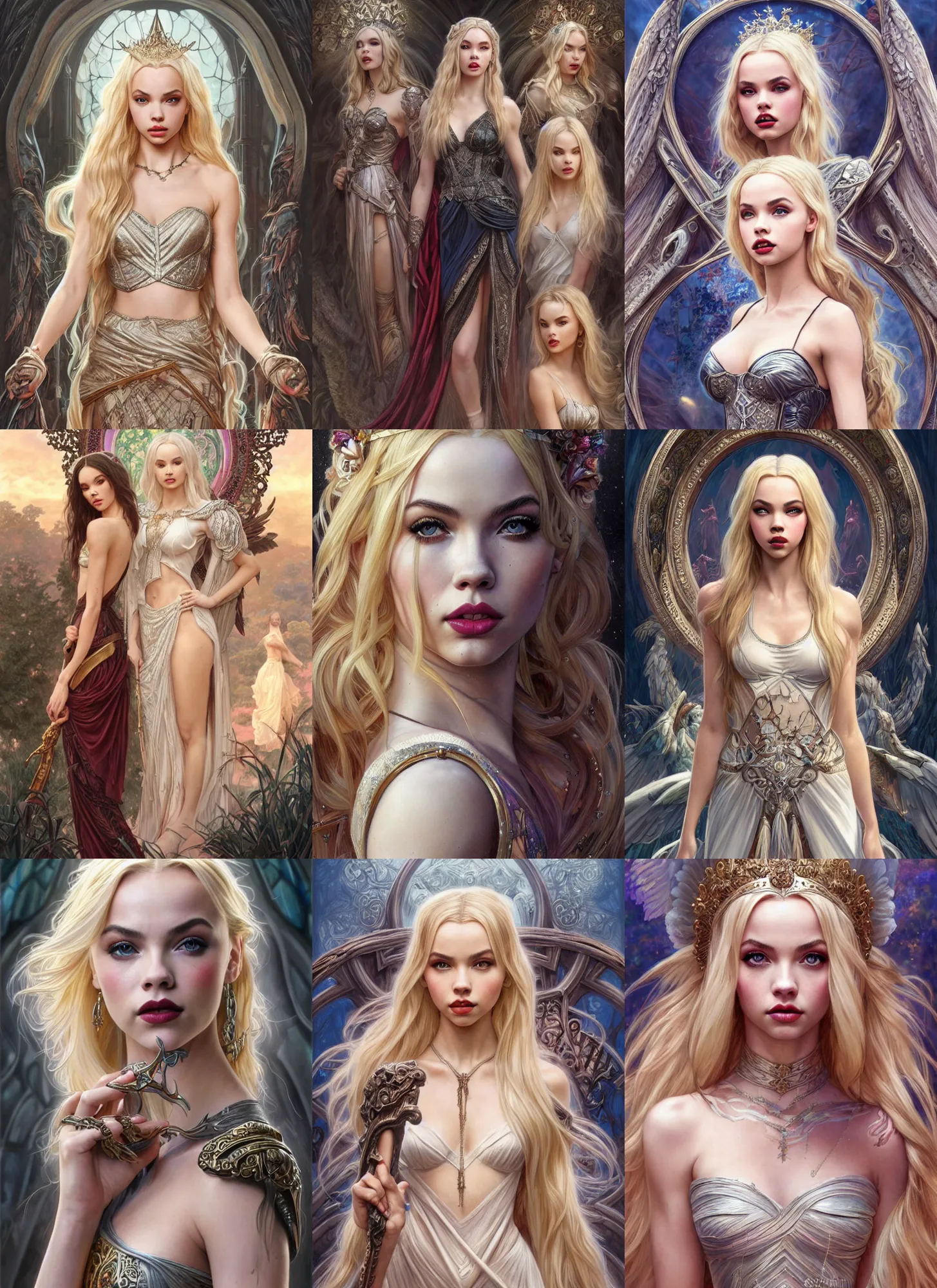 Image similar to ultra realistic illustration, a stunningly beautiful greek gothic goddess of chaos played by jordyn jones and dove cameron and margot robbie and taylor swift and megan fox, intricate, elegant, highly detailed, digital painting, artstation, concept art, smooth, sharp focus, illustration, art by artgerm and greg rutkowski and alphonse mucha