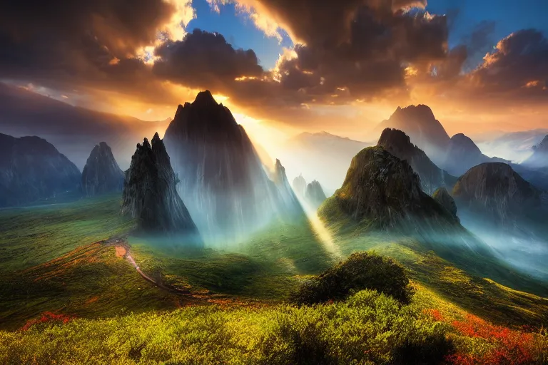 Image similar to landscape photography of ciucas by marc adamus, morning, mist, rays of light, beautiful