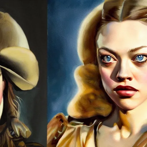 Prompt: ultra realistic portrait painting of amanda seyfried as a western outlaw, art by frank frazetta, 4 k, ultra realistic, highly detailed, epic lighting.