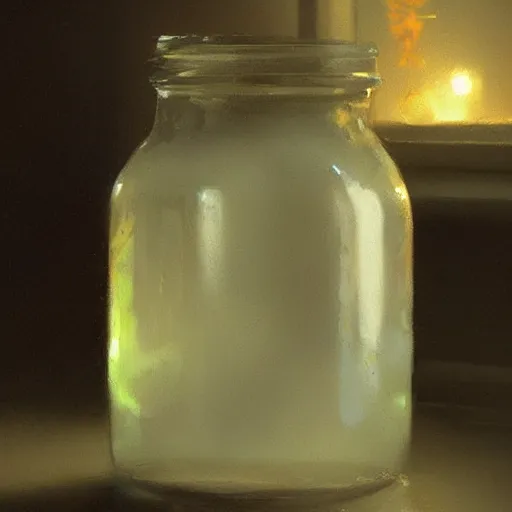 Prompt: White sticky goo in a jar, Greg Rutkowski