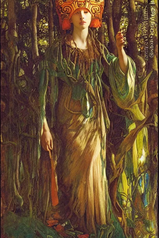 Prompt: queen of the forest with her lantern by Annie Swynnerton and Nicholas Roerich and jean delville, strong dramatic cinematic lighting , ornate headdress , flowing robes, lost civilizations, smooth, sharp focus, extremely detailed