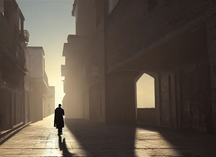 Image similar to old jeddah city alley, roshan, old shops, horse, magical time gate to another dimension, a man wearing a white robe standing watching over, dramatic lighting, dawn, by caspar david friedrich, unreal engine 5