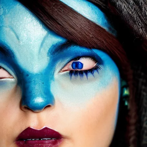 Image similar to close up headshot of a female navi from Avatar, blue skin, cosplay, photoshoot, studio lighting, photograpy by Bruce Weber