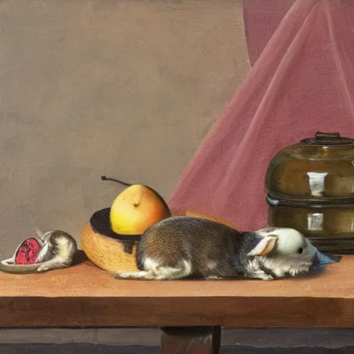 Prompt: a still life painting of various types of fruit and a dead rabbit on top of a wooden table witth