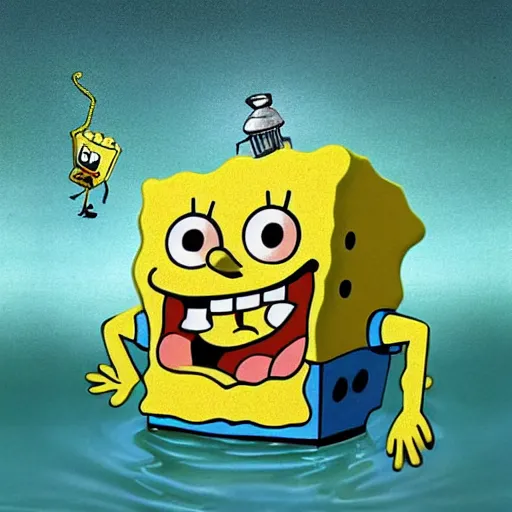 Image similar to A full body photo of the beautiful SpongeBob SquarePants made of cheese as a siren, he is looking straight to the camera, he has a glow coming from him, she is getting illuminated for rays of light that cross the sea, behind is a scary atmosphere of The Krusty Krab, the photo was taking by Annie Leibovitz, matte painting, oil painting, naturalism, 4k, 8k