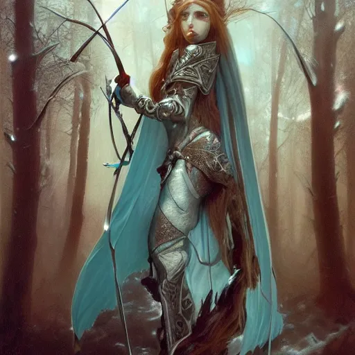 Image similar to an epic concept art of a handsome androgynous snow elf in a turquoise cape and glittering silver ornate armour stringing a bow, albino skin, winter vibes, evocative dramatic mood, intricate, elegant, by tomasz alen kopera and alphonse mucha, sharp focus, octane render, unreal 5, trending on artstation