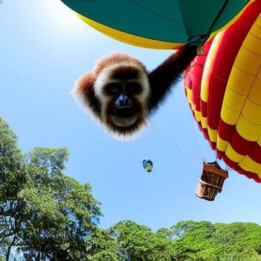 Image similar to gibbon hanging upside down from rope attached to hot - air balloon, smiling at camera, exaggerated perspective