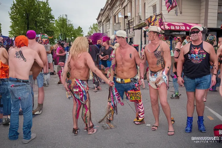 Image similar to pride party of rednecks, street photography, photojournalism