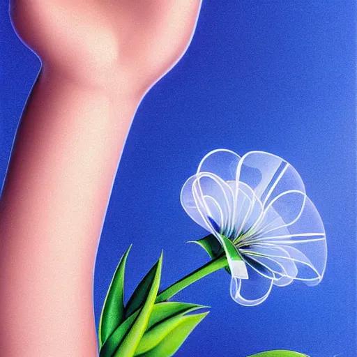 Prompt: close - up of a woman's hand holding a transparent flower, blue sky art by peter lloyd, 1 9 8 0's art, airbrush style, art by hajime sorayama,, intricate, elegant, sharp focus, illustration, highly detailed, h 8 0 0