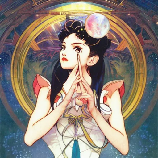 Image similar to Portrait of Sailor Moon by Naoko Takeuchi. Art by Greg Rutkowski and Alphonse Mucha