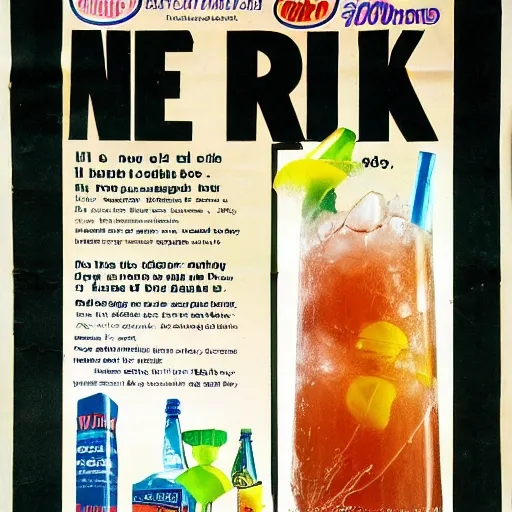 Prompt: new drink ad, retro, 8 0 s, magazine, old paper, crumpled page