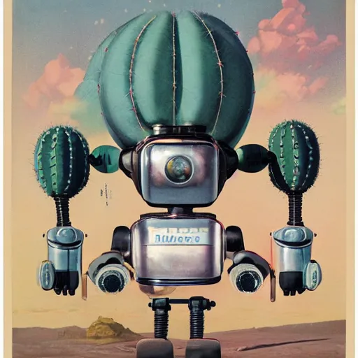 Prompt: WIDE shot of a 1950s retro cactus robot, with space above the head. Bionic Arms and eyes. pop surrealism, muted colours. by Jean-Baptiste Monge, wide shot