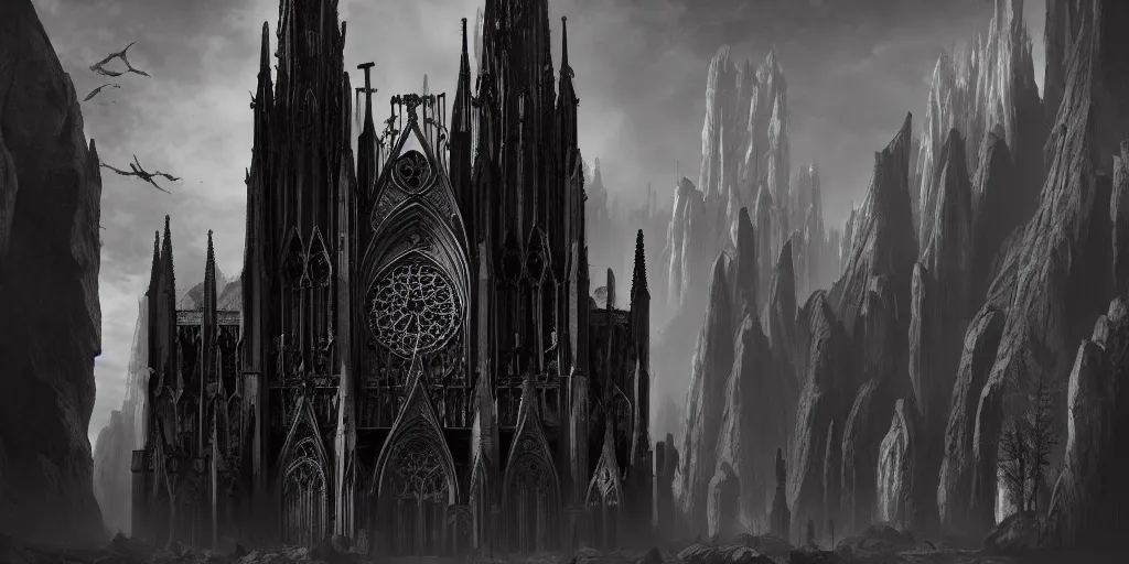 Image similar to dark gothic cathedral, gothic architecture, at the top of a red rock canyon, artstation concept art, beautiful matte painting, ultrawide angle