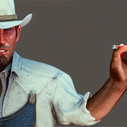 Prompt: a cowboy is shocked, bullets hit him in the chest, he hold a revolver, 4 k hd high quality, octane render, unreal 5, photo taken by a nikon