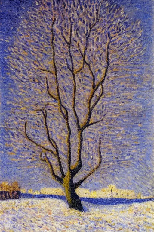 Prompt: still life oil painting of a huge tree on a barren winter landscape soft edges, medium saturation, high contrast, gustave loiseau