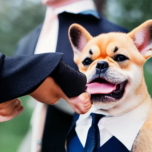 Prompt: a french bulldog giving a shiba inu in a suit a high five, photorealistic, nikon d 7 8 0, high definition, sharp focus, bokeh, smooth, highly detailed, espn sports photography