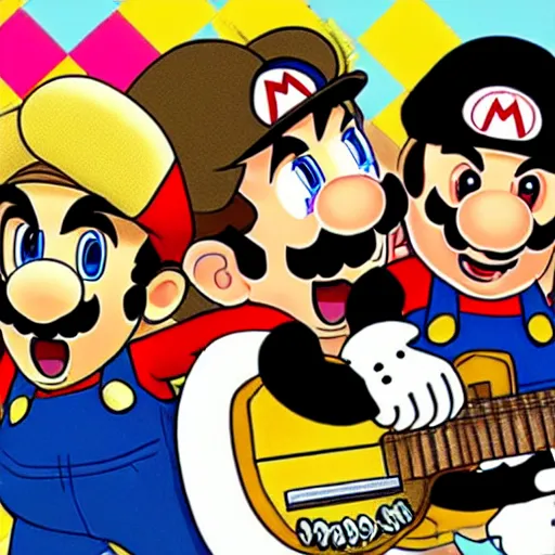 Prompt: Mario Bros playing the guitar with the Beatles Band
