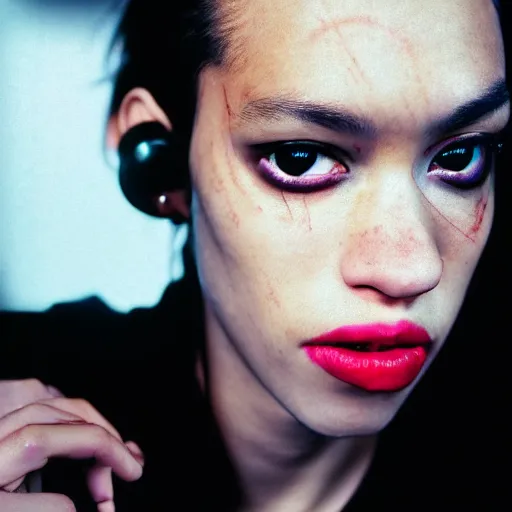 Image similar to cinestill 5 0 d candid photographic portrait by quentin tarantino of a beautiful mixed feminine man wearing black techwear and light makeup looking in a broken bathroom mirror, rundown new york apartment, medium closeup, retrofuturism grunge cyberpunk lights shadows refraction, 3 5 mm, f / 3 2, 4 k, 8 k, hd, high resolution, ultra realistic faces