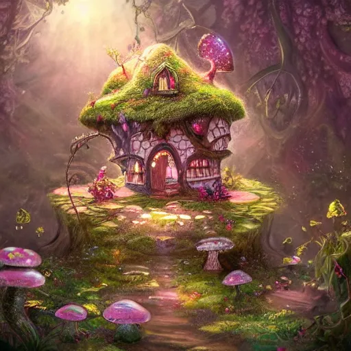 Prompt: a celestial dainty fairy cottage in a tree trunk decorated beautifully, lots of cute fairy design elements like toadstool mushrooms, warm sunlight shining in, lots of plants and flowers, concept art 8 k resolution, fantasy illustration, detailed painting, and deep color