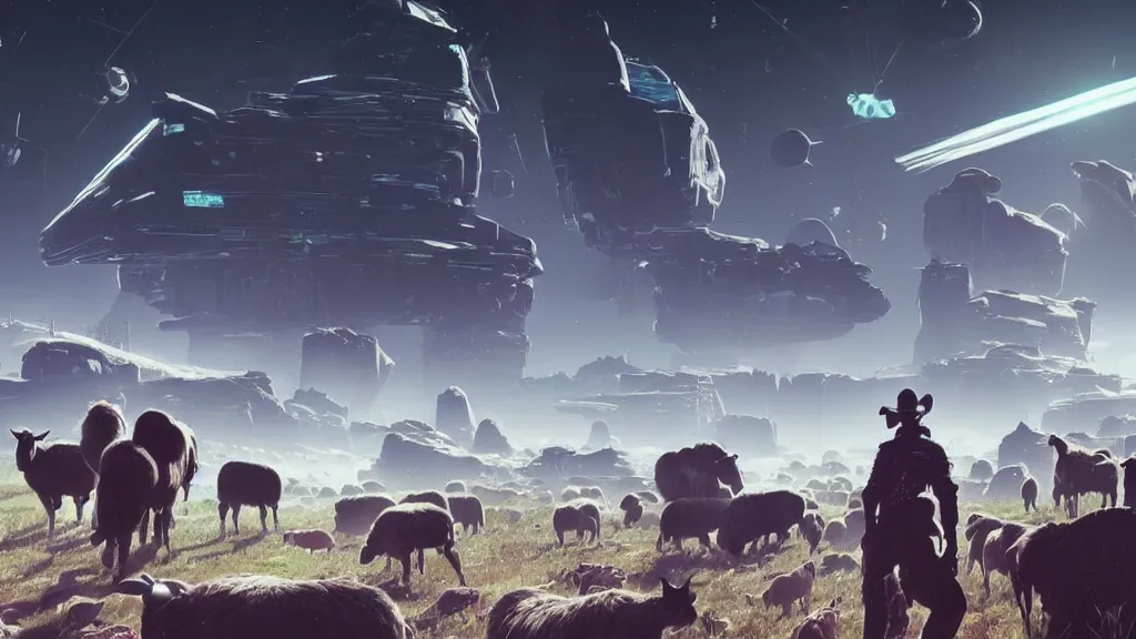 Image similar to Cyberpunk cowboys herding sheep in a No Man's Sky landscape