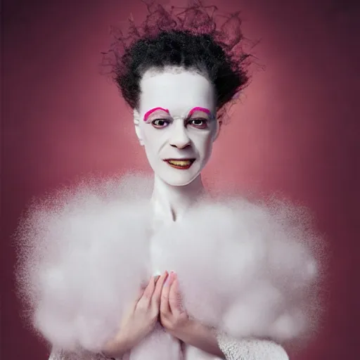Image similar to portrait of a cute smiling bride of frankenstein with soft pink and white cotton fluffy balls floating in image, fashion photography, highly detailed, digital photography by jheronimus bosch and james jean and james rutkowski, fashion photography