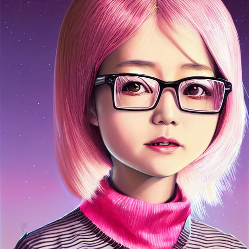 Prompt: nice japanese young girl portrait, pink short hair, big eyes, pink glasses, white tights, future science and technology machinery scarves with gold fine metal texture 3 d, cool color palette, cinematic, epic, futuristic, an ultrafine detailed illustration by nixeu and jason felix, dan mumford, kinkade, lisa frank, ilya kuvshinov