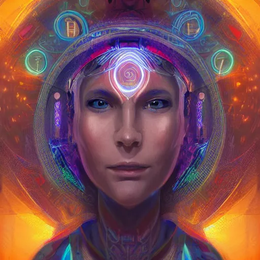 Image similar to portrait of a future metaverse Ayahuasca tech shaman warrior, 2D cartoon, visionary art, symmetric, Magick symbols, holy halo, shipibo patterns, sci-fi, concept art, trending on art station, 8k digital art, by Mandy Jurgens, fantasy portrait art, anime