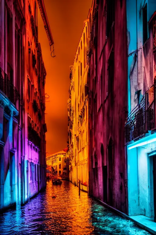 Prompt: neon streets of venice, 4 k, award winning photo, cyberpunk style