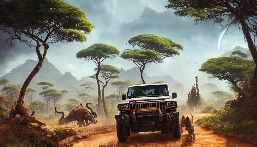 Prompt: mahindra thar driving through madagascar road with baobabs trees, animals running along, action scene, an epic fantasy, wide shot, artgerm, trending on artstation, masterpiece, by greg rutkowski, by ross tran, by fenghua zhong, octane, soft render, ultrarealistic, colorful, cinematic, horizon zero dawn