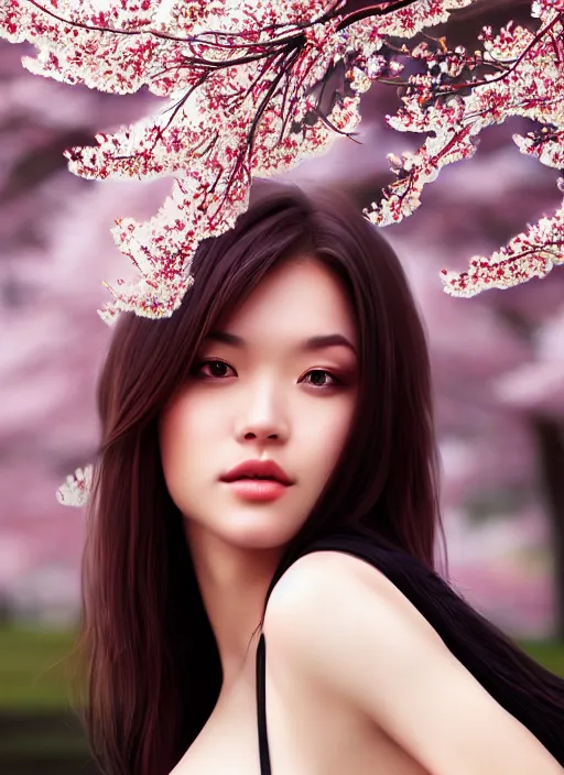 Image similar to photo of a gorgeous female in the style of stefan kostic, realistic, half body shot, sharp focus, 8 k high definition, insanely detailed, intricate, elegant, art by stanley lau and artgerm, extreme blur cherry blossoms background