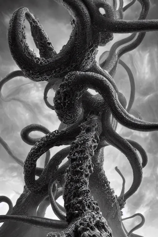 Image similar to giant ancient alien tentacles artwork by yoshitaka amano, black and white, detailed background, extremely detailed, octane rendering, sharp focus, volumetric light, particles, unreal engine 5, rtx