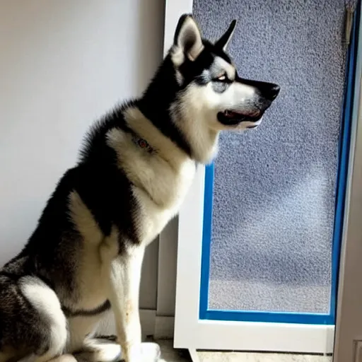 Prompt: an extremely muscular husky dog posing in front of a mirror