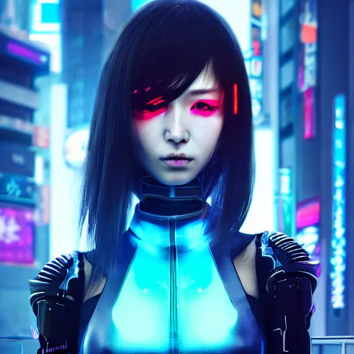 Image similar to A hyperrealistic portrait anime painting of a cyber warrrior girl wearing futuristic wardrobe, black and reddis, ultradetailed face expression trending on artstation and artbreeder, cyberpunk 2077 color heavy rainning at tokyo night, neon light rooftop, unreal 5, DAZ, 8k, unreal 5 engine render, cosplay, RPG portrait, final fantasy Vll world concept, dramatic lighting, rim lights, PS5 render quality