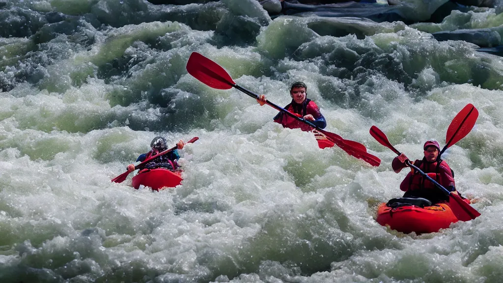 Prompt: a pair of kayakers shoot the rapids in the Colorado river, crashing waves, 35mm DSLR, photorealistic, 4k