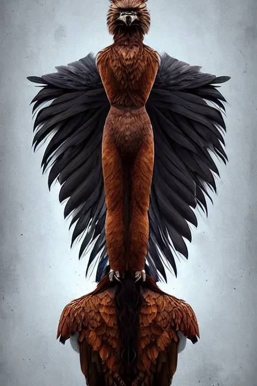 Image similar to epic professional digital art of female human - eagle hybrid animal, sitting, wearing human air force jumpsuit, humanoid feathered head, eagle beak, by lisa roet, reyna rochin, ignacio fernandez rios, leesha hannigan, wayne haag, artstation, cgsocietywlop, epic, much wow, much detail