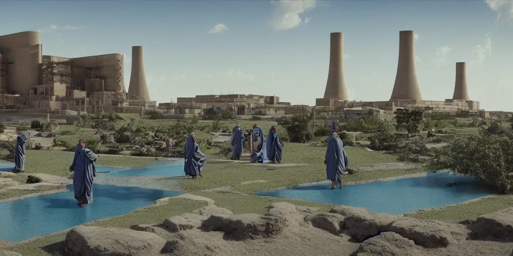 Prompt: babylonian garden based on the design of carlo scarpa in a megacity made of travertine temples, three monks wearing blue robes in the foreground, nuclear power station in the distance, sci-fi, light blue sky with clouds, optimistic matte painting, style by syd mead, 8k, octane render, photorealistic, hyperrealism