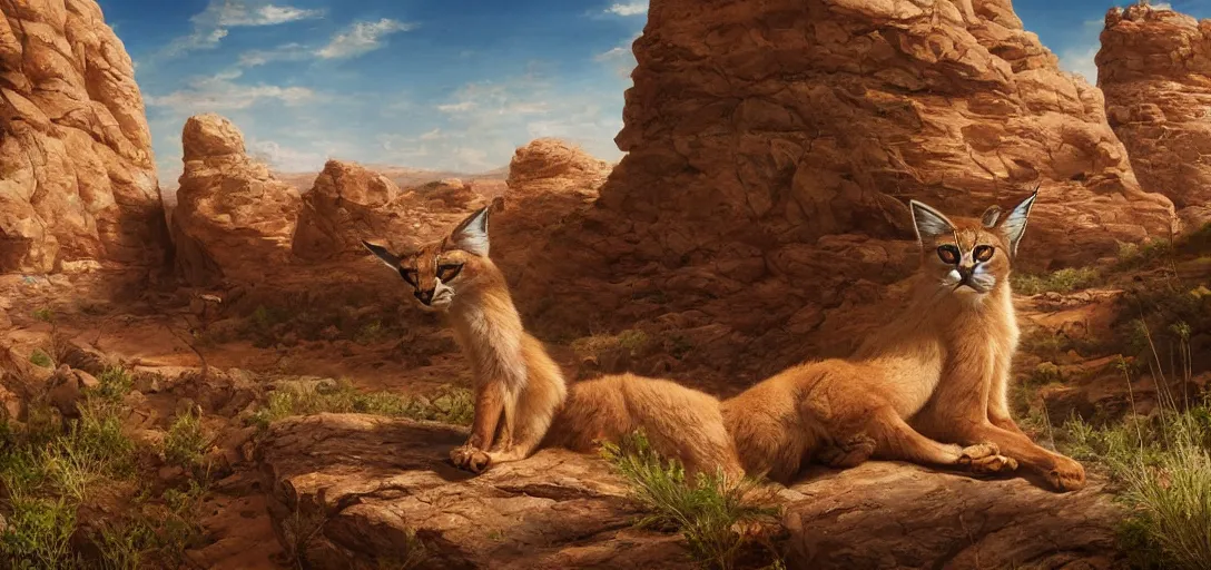 Image similar to cute caracal in beautiful utah desert, rock arcs, lush vegetation, landscape, alex ross, eddie mendoza, raphael lacoste, sebastian ludke, concept art, matte painting, highly detailed, rule of thirds, dynamic lighting, cinematic, detailed, magnificiant landscape, denoised