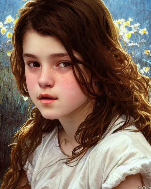 Image similar to portrait of 1 5 - year - old girl, little smile, with large front teeth, very bushy brown hair, and very bright brown eyes, wearing white shirt, hyper realistic face, beautiful eyes, close up, fantasy art, in the style of greg rutkowski, intricate, alphonse mucha, hyper detailed, smooth