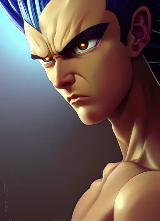 Image similar to by greg rutkowski, symmetry, concept art by artgerm, distance render portrait of a hyper realistic pixar vegeta, intense, epic, ssj, alphonse mucha, octane render, highly detailed, high quality, 8 k, soft lighting, path traced, and uang guangjian and gil elvgren, symmetry!!